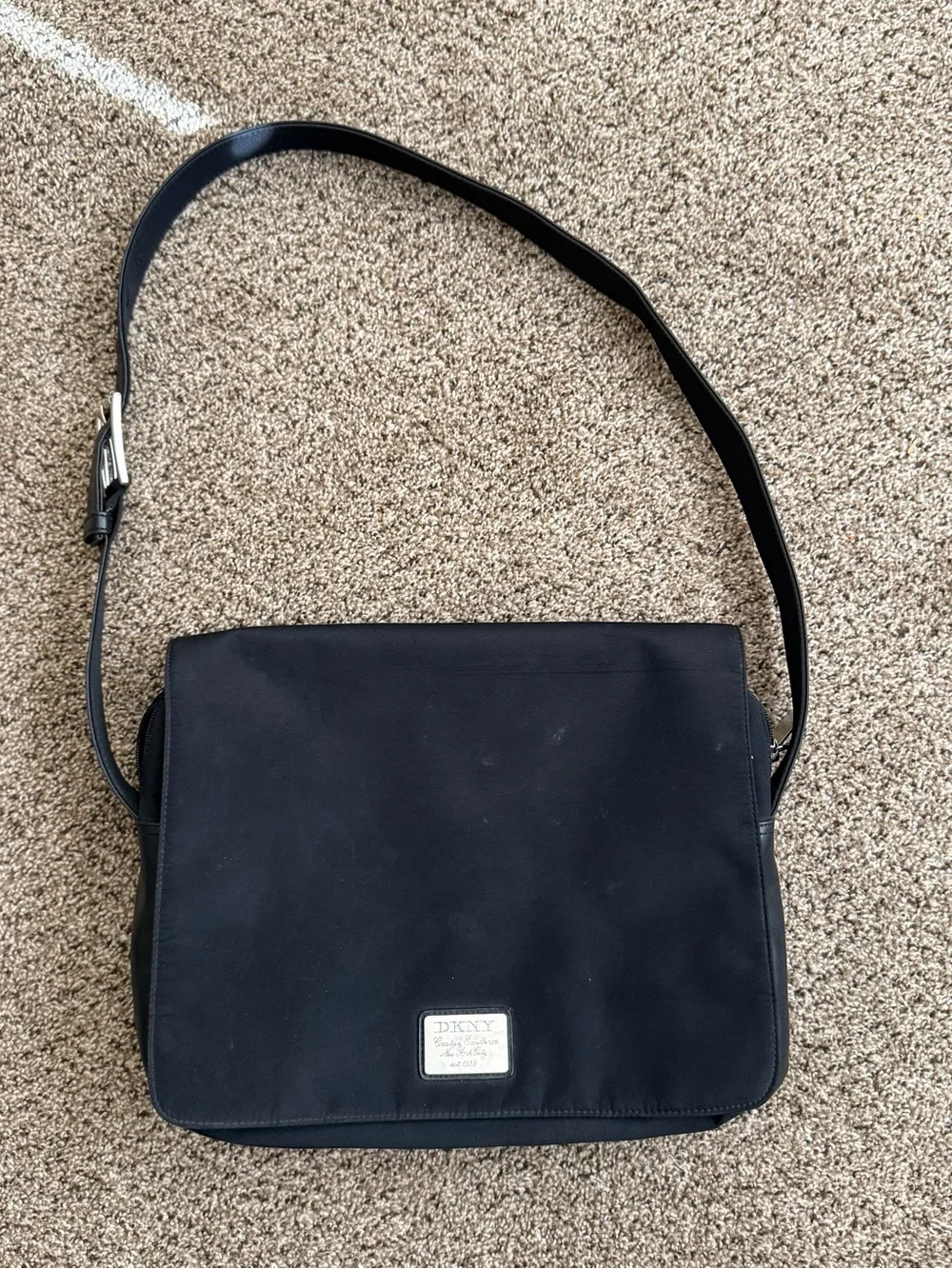 DKNY Black Nylon Messenger Bag with Silver Logo Plate